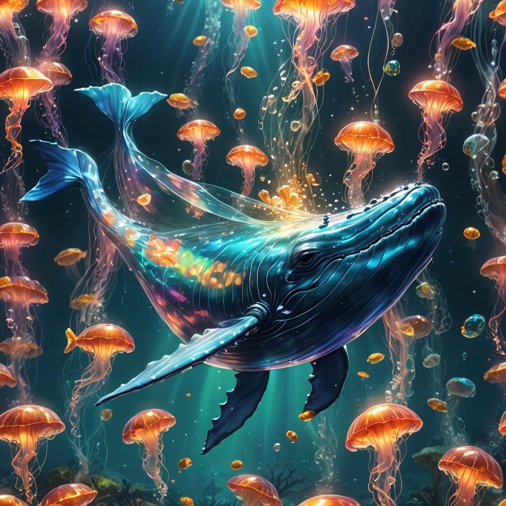 Glowing Glass Whale in Ocean: Hyperrealistic Splash Art
