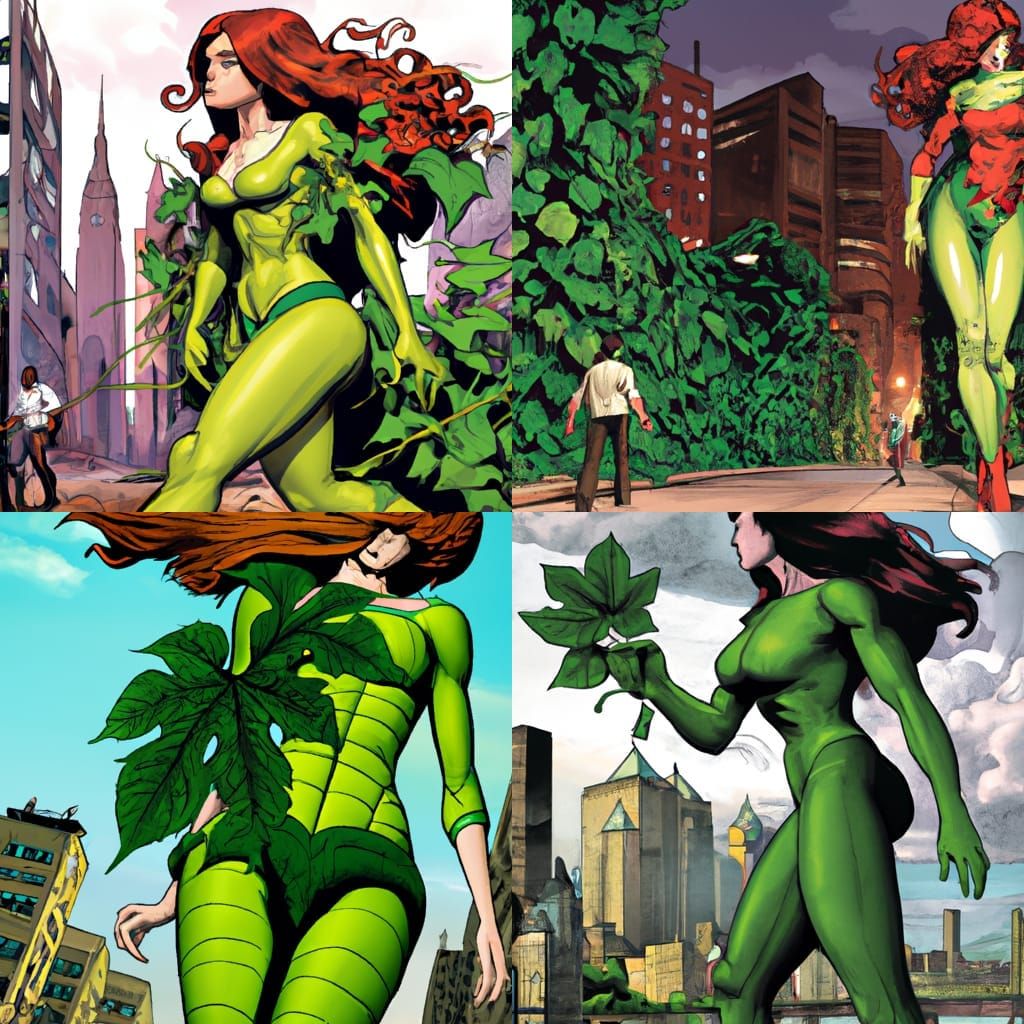 Giant Poison Ivy Walks Through City: Comic Book Art