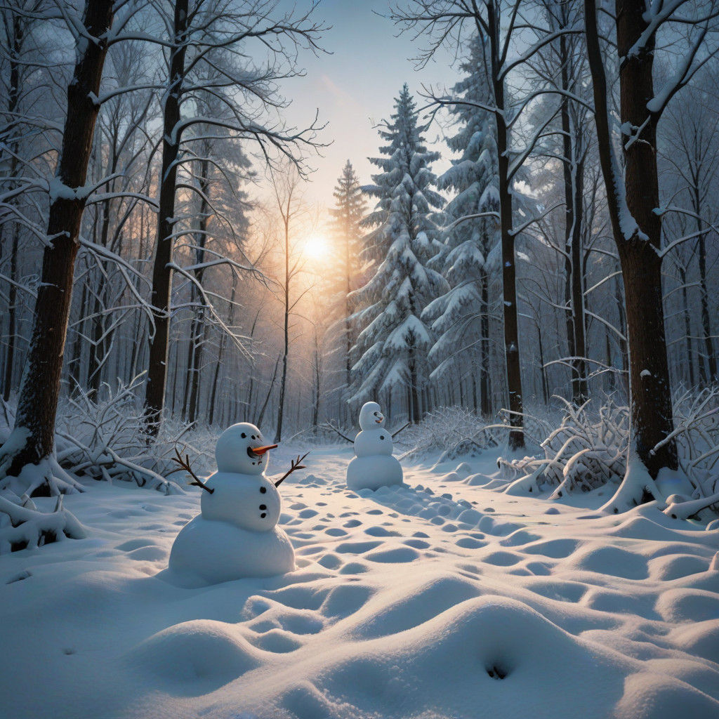 Hyper-Realistic Winter Scene: Person Builds Snowman in Fores...