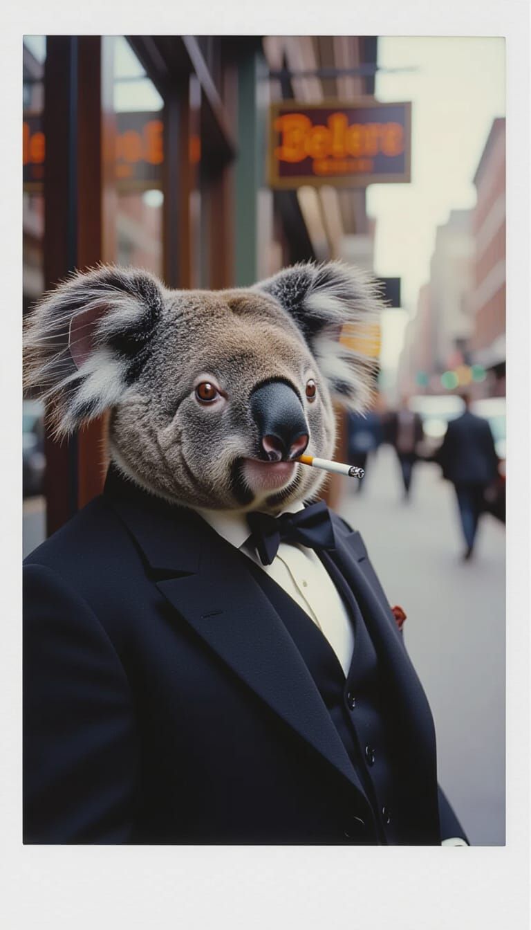 Vintage Polaroid: Gentleman Koala Smokes Outside Bar