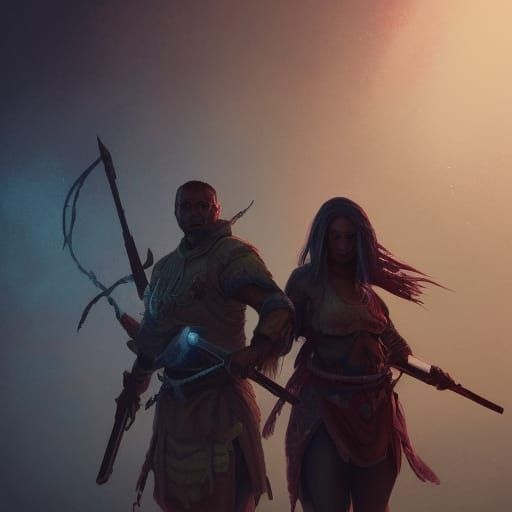 Ethereal Warriors in Triadic Colors, Concept Art Portrait in...