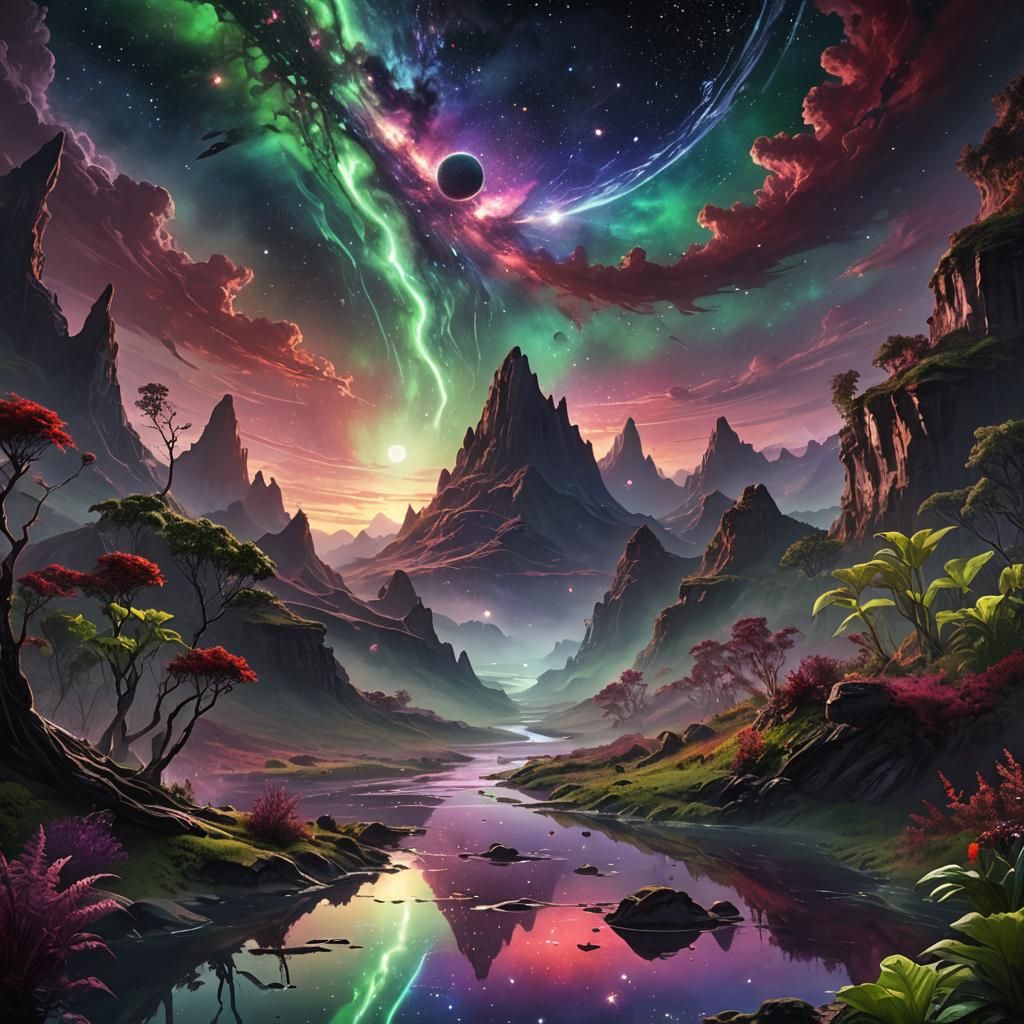 Exotic Alien Valley Under a Swirling Galaxy