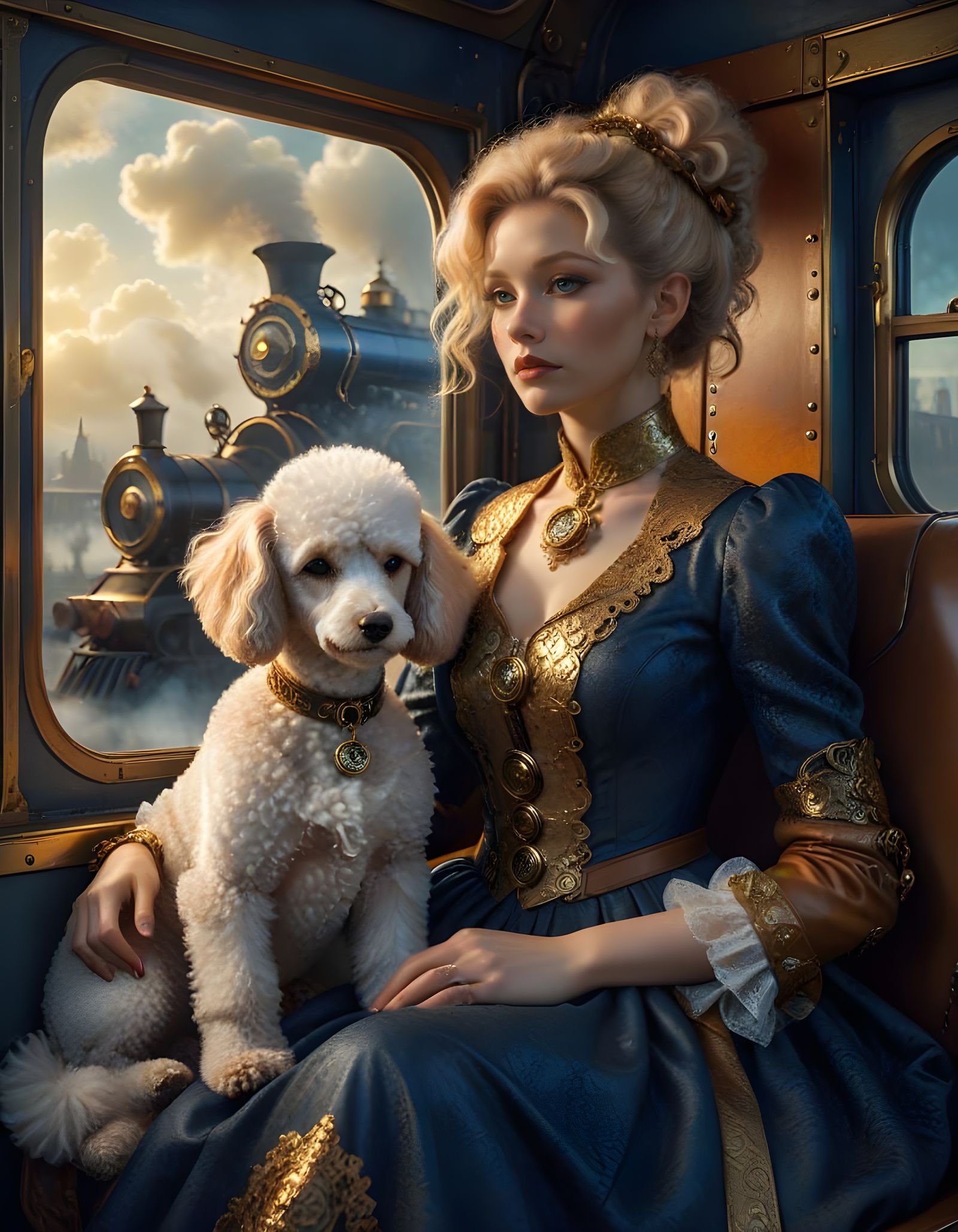 Steampunk Lady on Train with Poodle