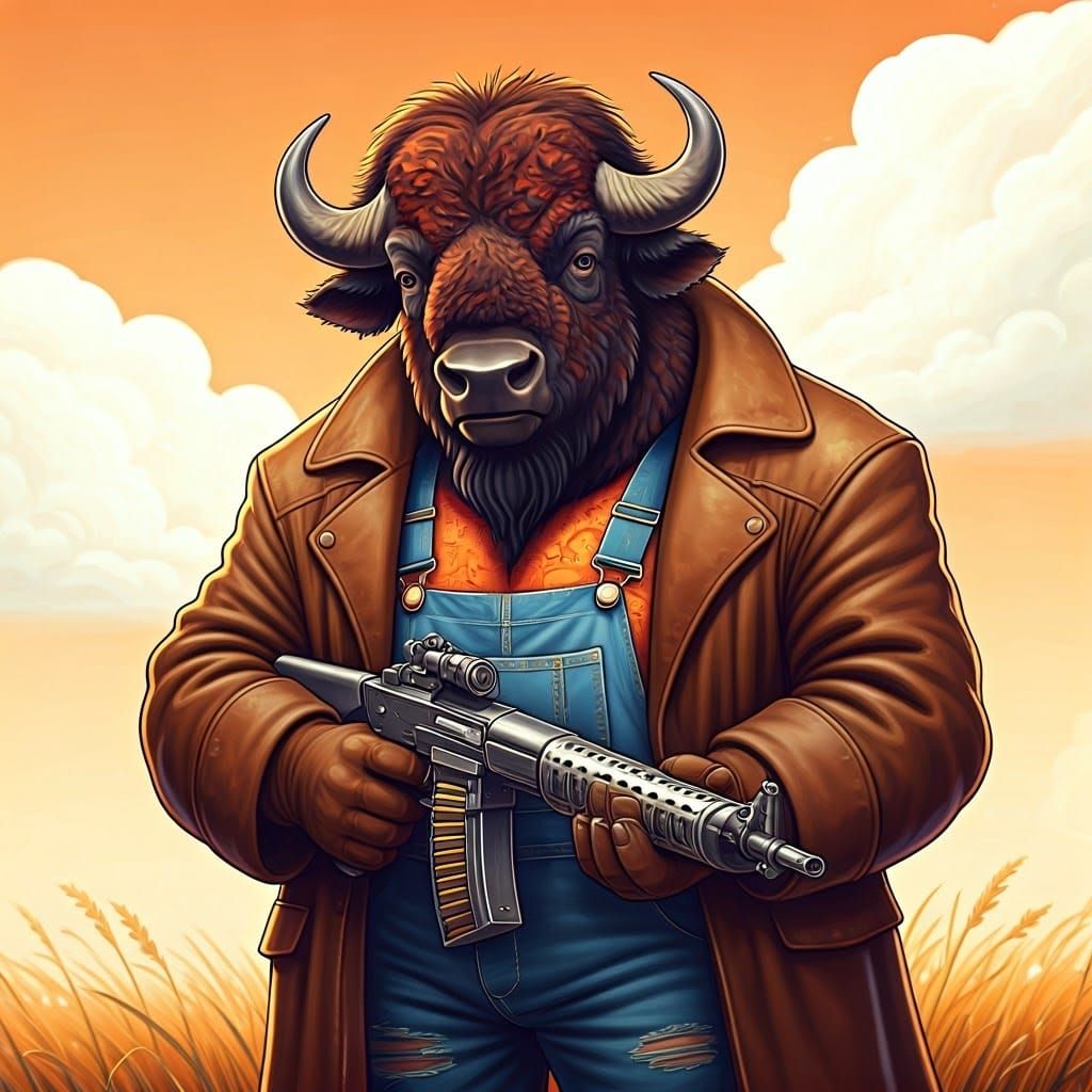 Cartoon Buffalo with Machine Gun in Whimsical Style