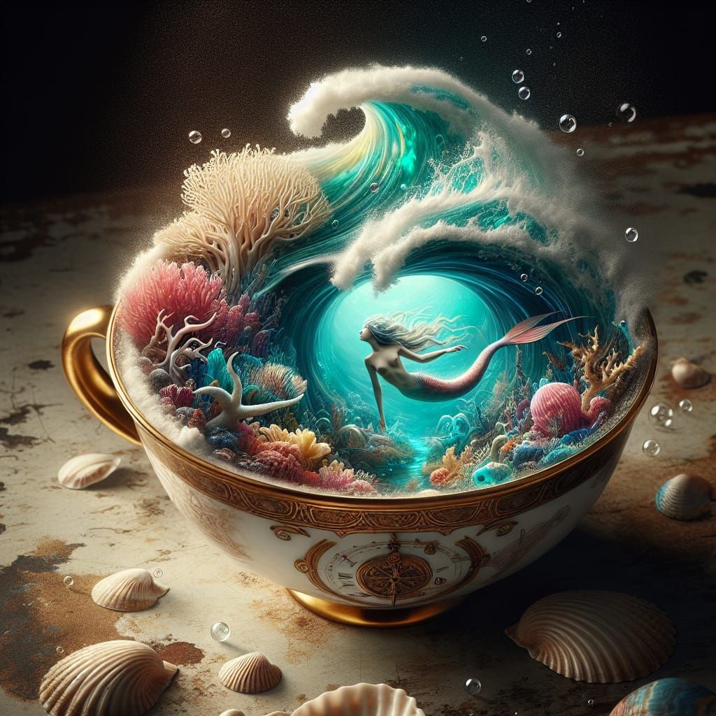 Underwater Kingdom Inside Antique Teacup, Fantasy Art