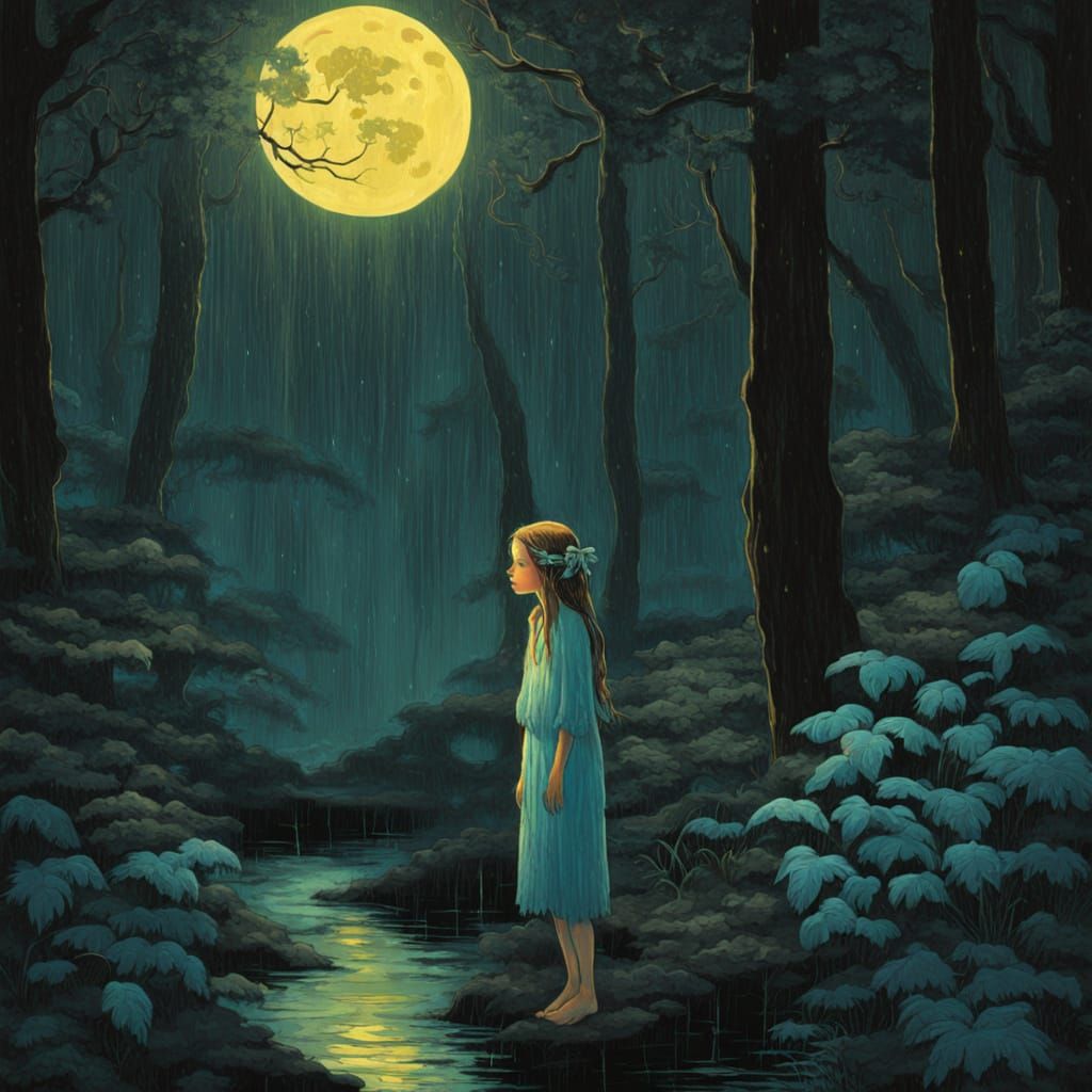 Bioluminescent Folklore Girl in Dark Forest Moonlit Rain
