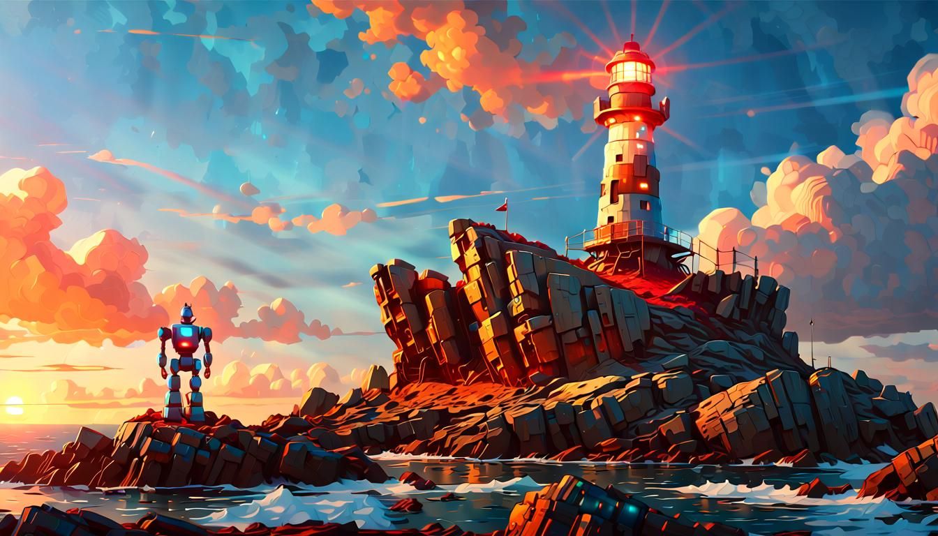 Robot Lighthouse on Rocky Island at Sunrise