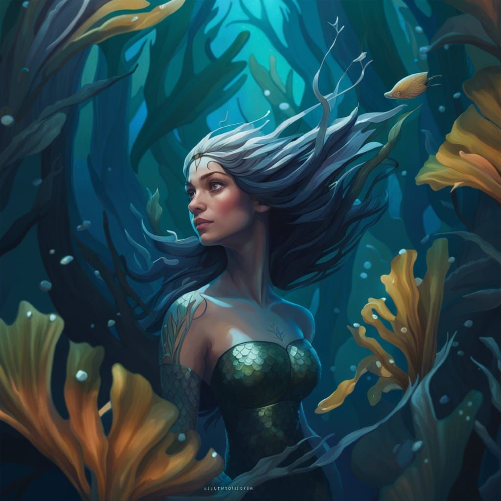 Mermaid in Kelp Forest, Hyperdetailed Portrait