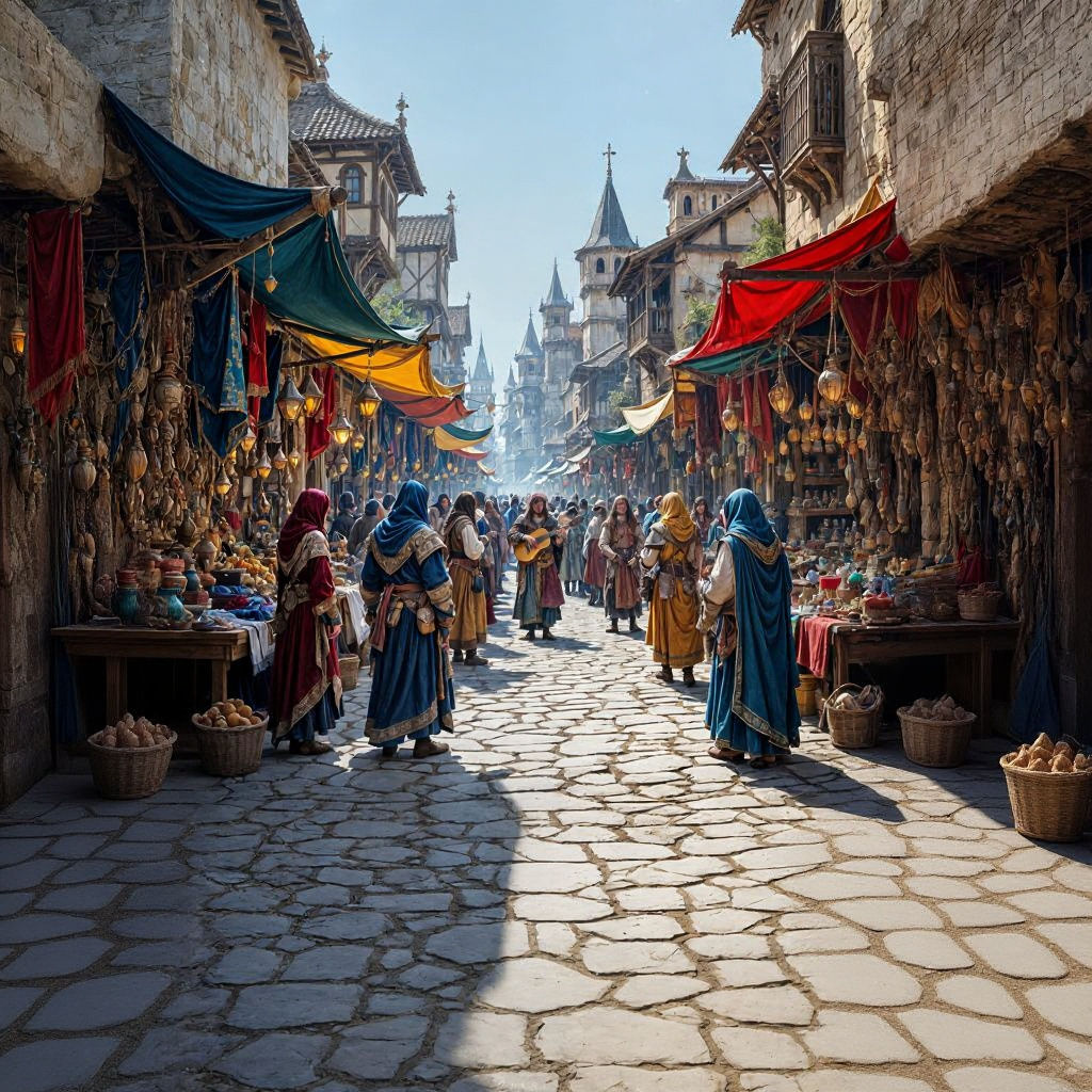 Bustling Medieval Marketplace as Matte Painting