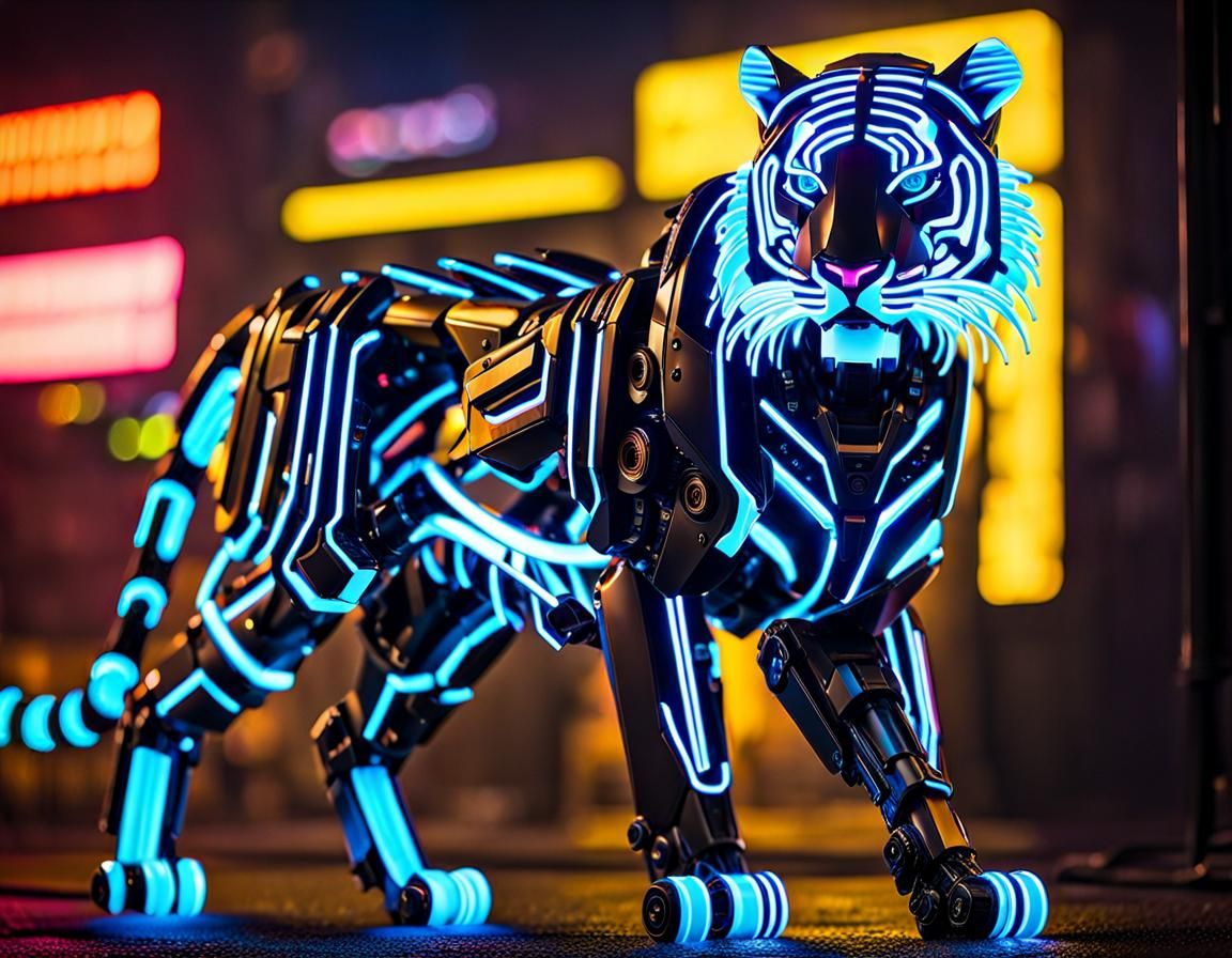 Cyberpunk Robotic Tiger in Bioluminescent Detail