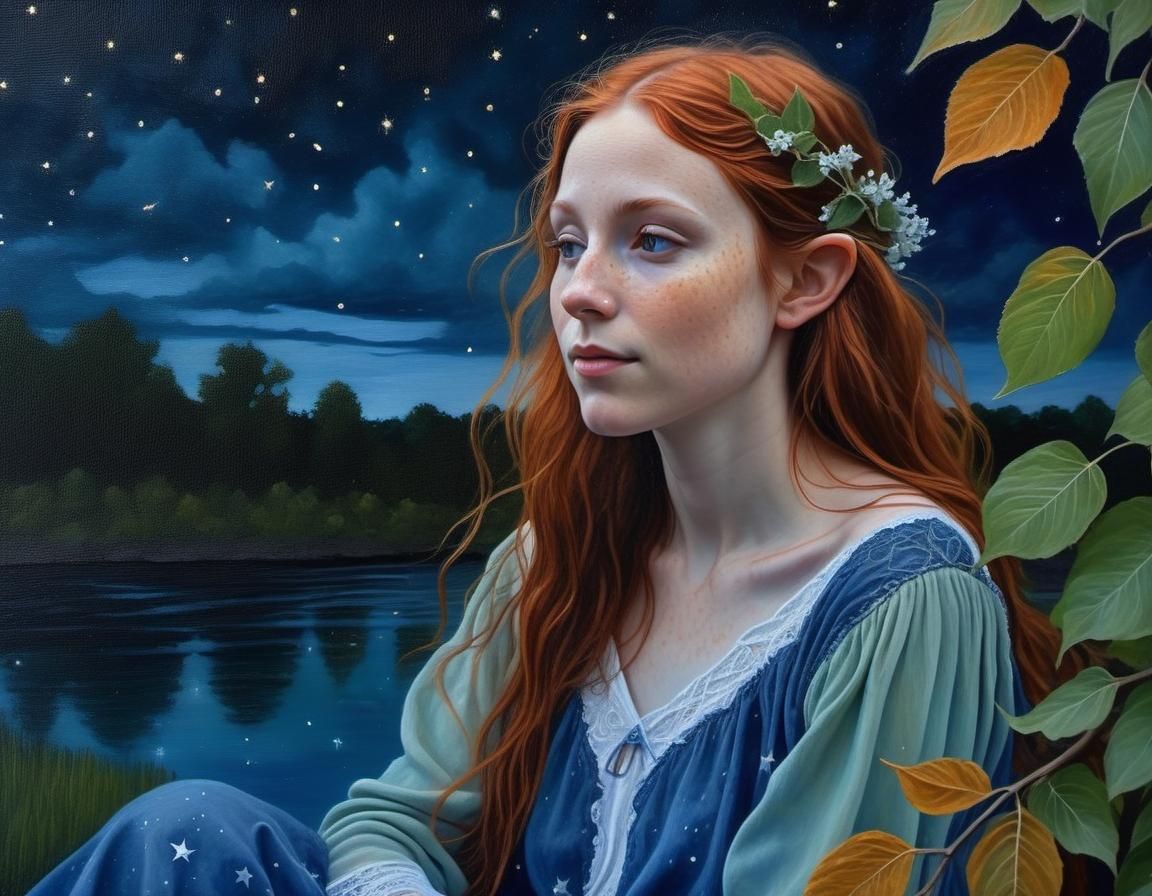 Ethereal Elf Woman Gazing at Stars, Renaissance Painting