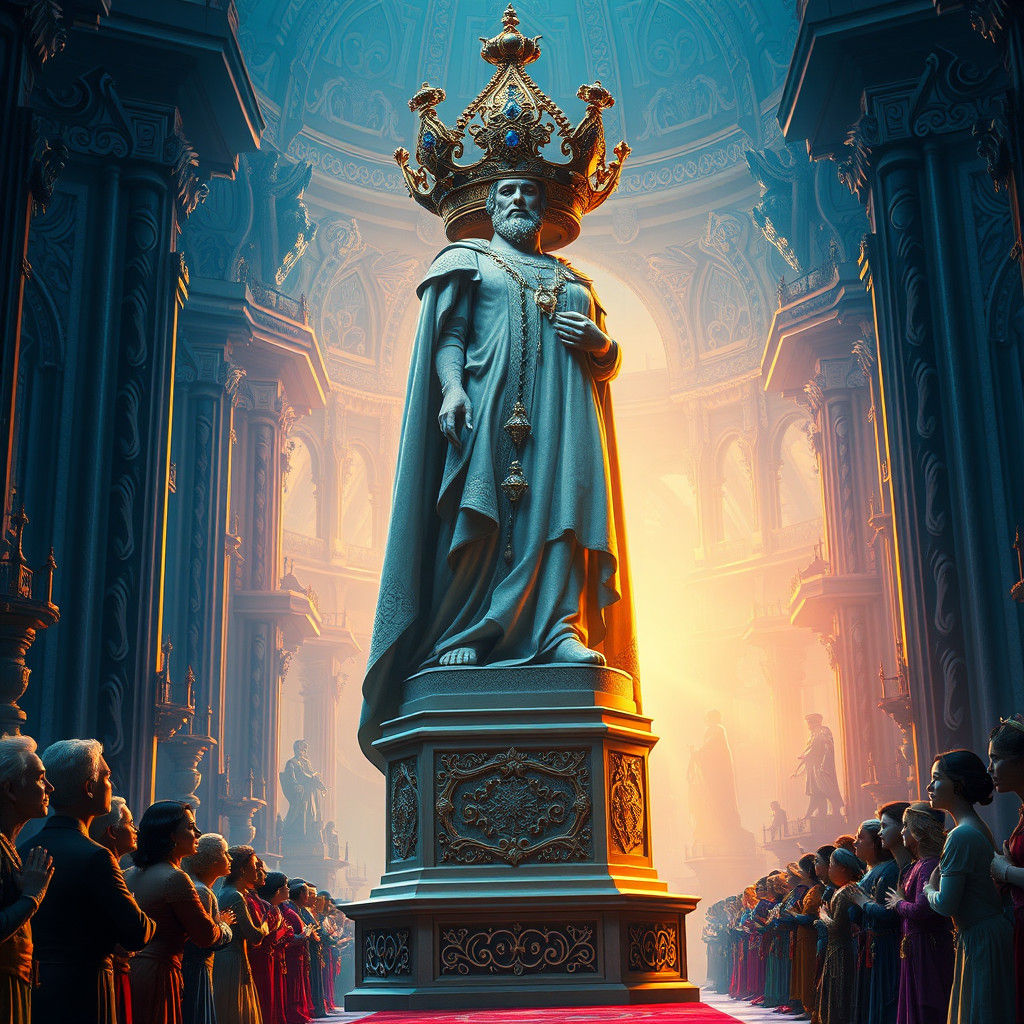 Majestic King Statue in High-Fantasy Landscape