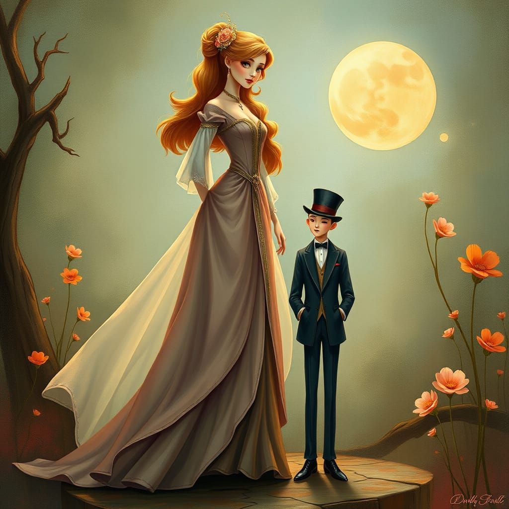 Elegant Woman and Small Man in Fantastical Scene
