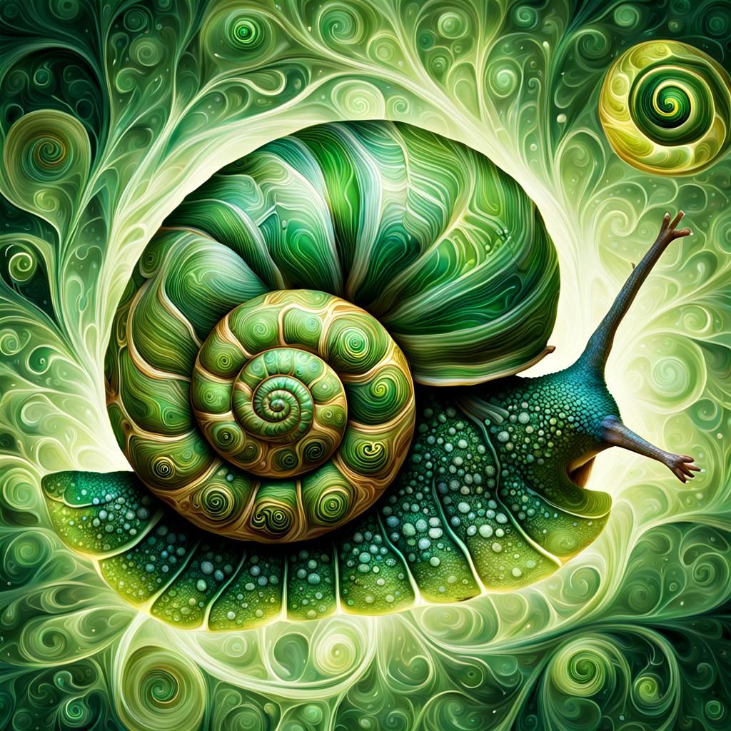 Surreal Green Snail with Fractal Shell