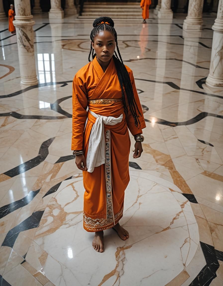 A black female martial artist monk with braided and beaded hair, dressed in stylish orange robes, standing in a marble a...