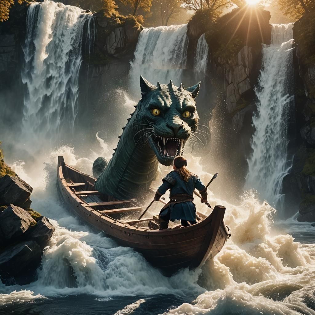 Viking Drakkar Plunges Down Artificial Waterfall