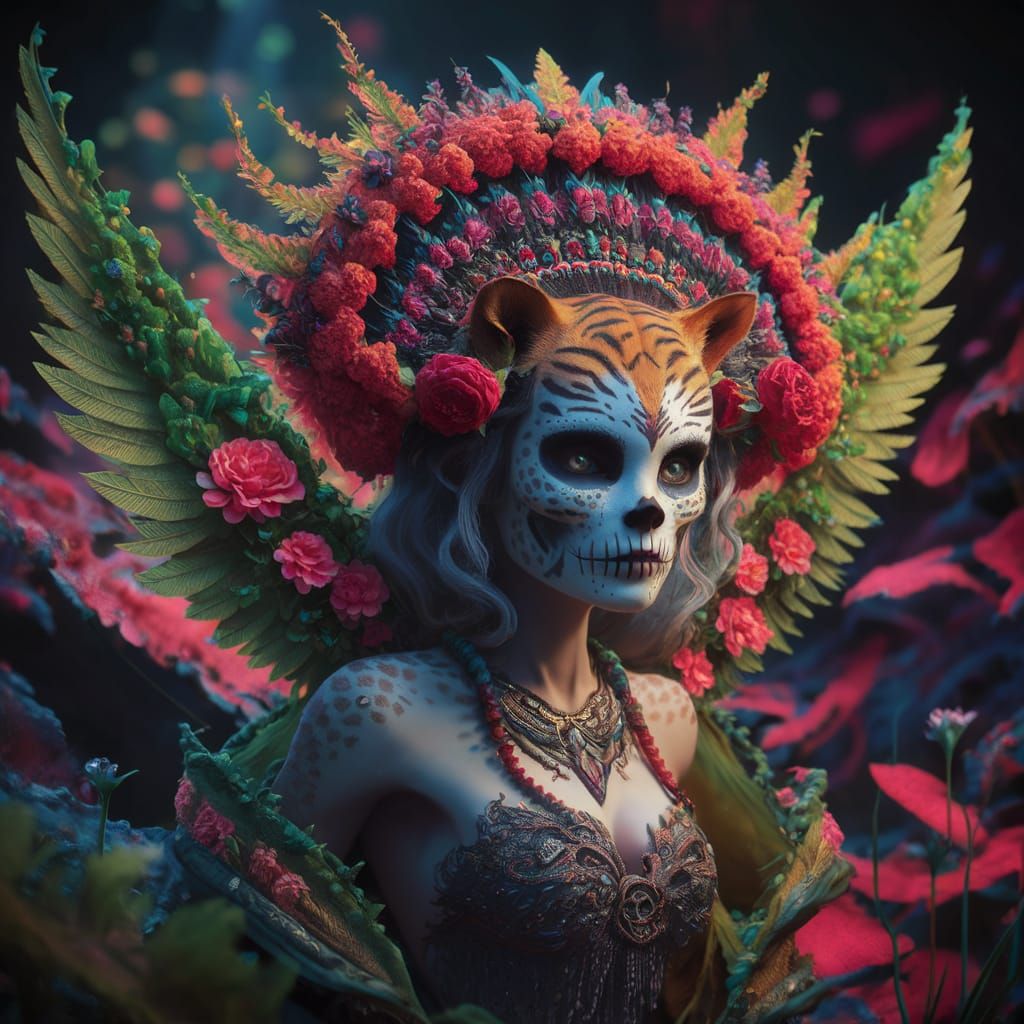 Hyperrealistic Sugar Skull Woman with Tiger Head