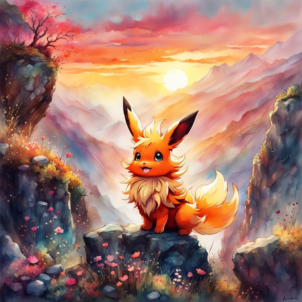 Chibi Flareon Leaps at Sunset: Digital Watercolor Art