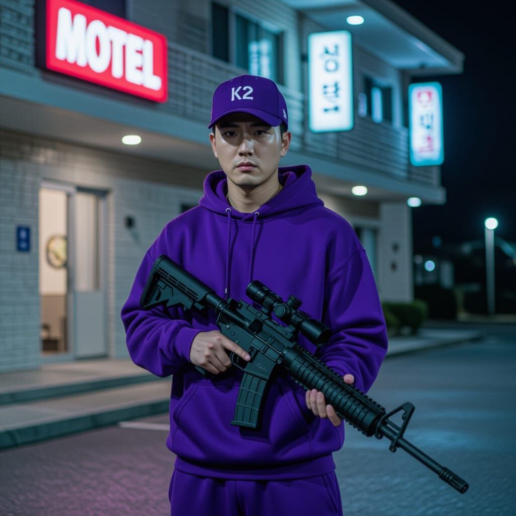 Korean Man with Rifle in Cinematic Scene