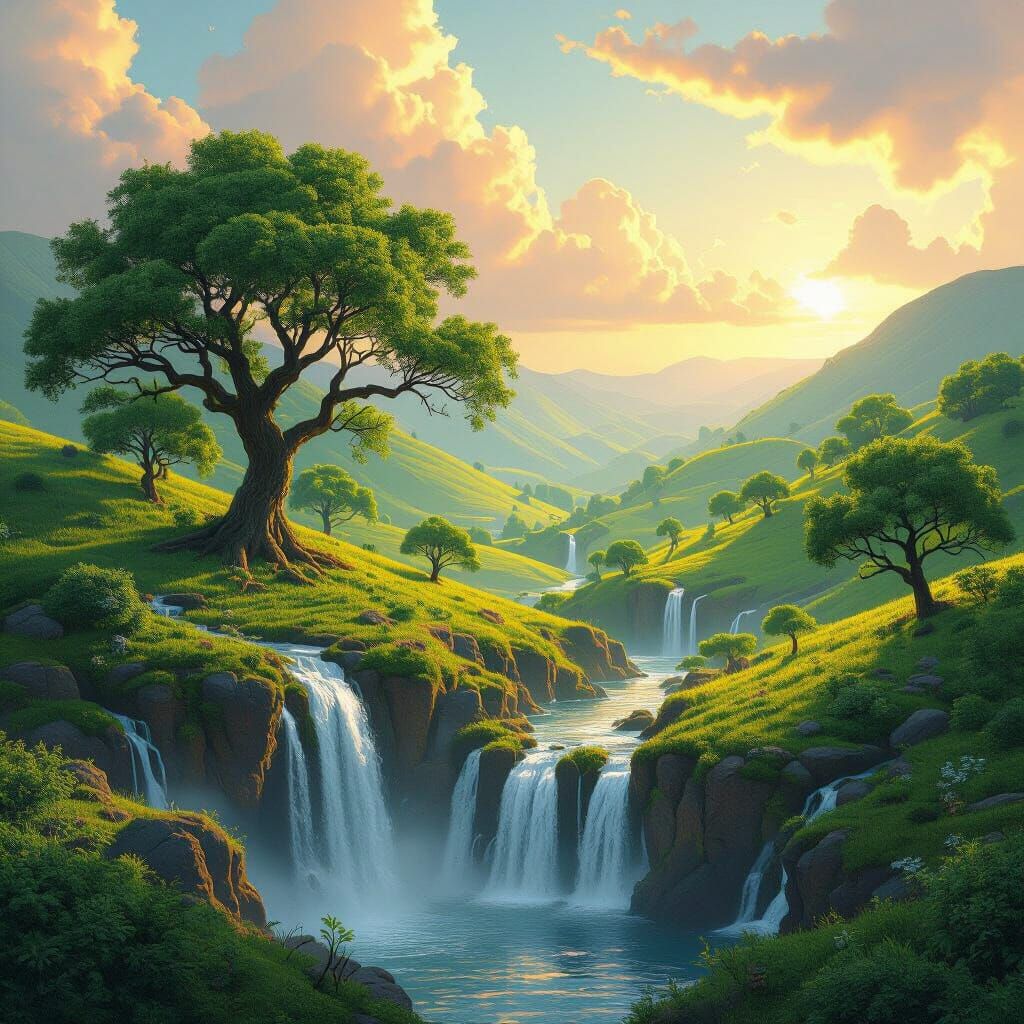 Lush Landscape with Waterfalls in Dreamy Digital Art Style