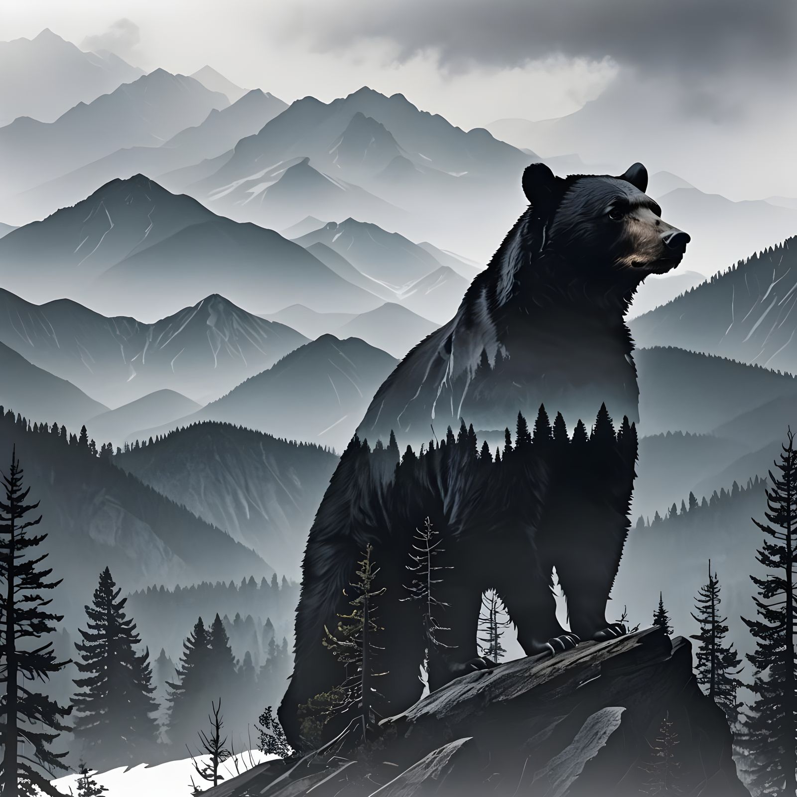 Black Bear Silhouette with Mountain Double Exposure