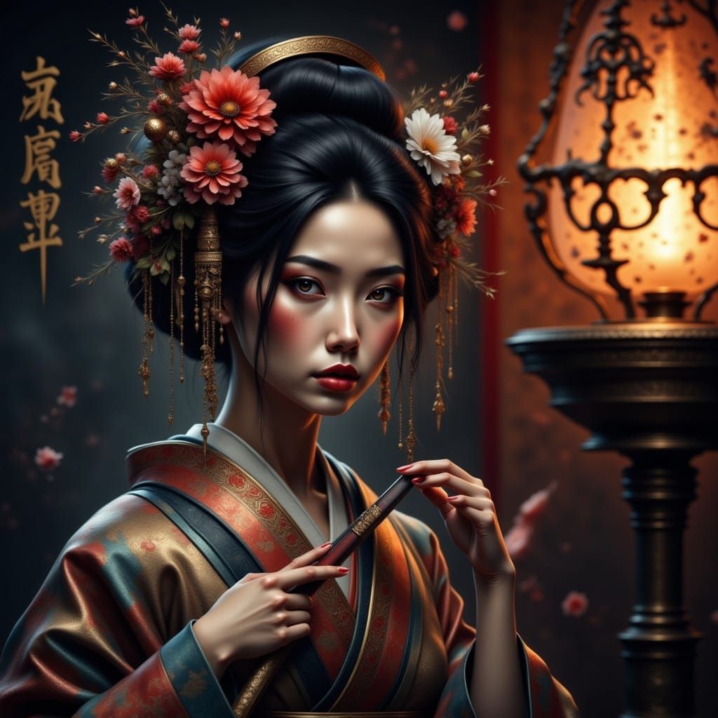 Haunting Geisha with Katana in Lantern Glow