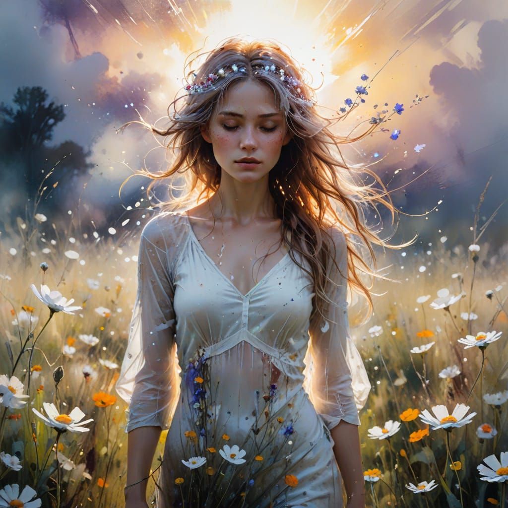 Ethereal Woman in Flower Field Splash Art