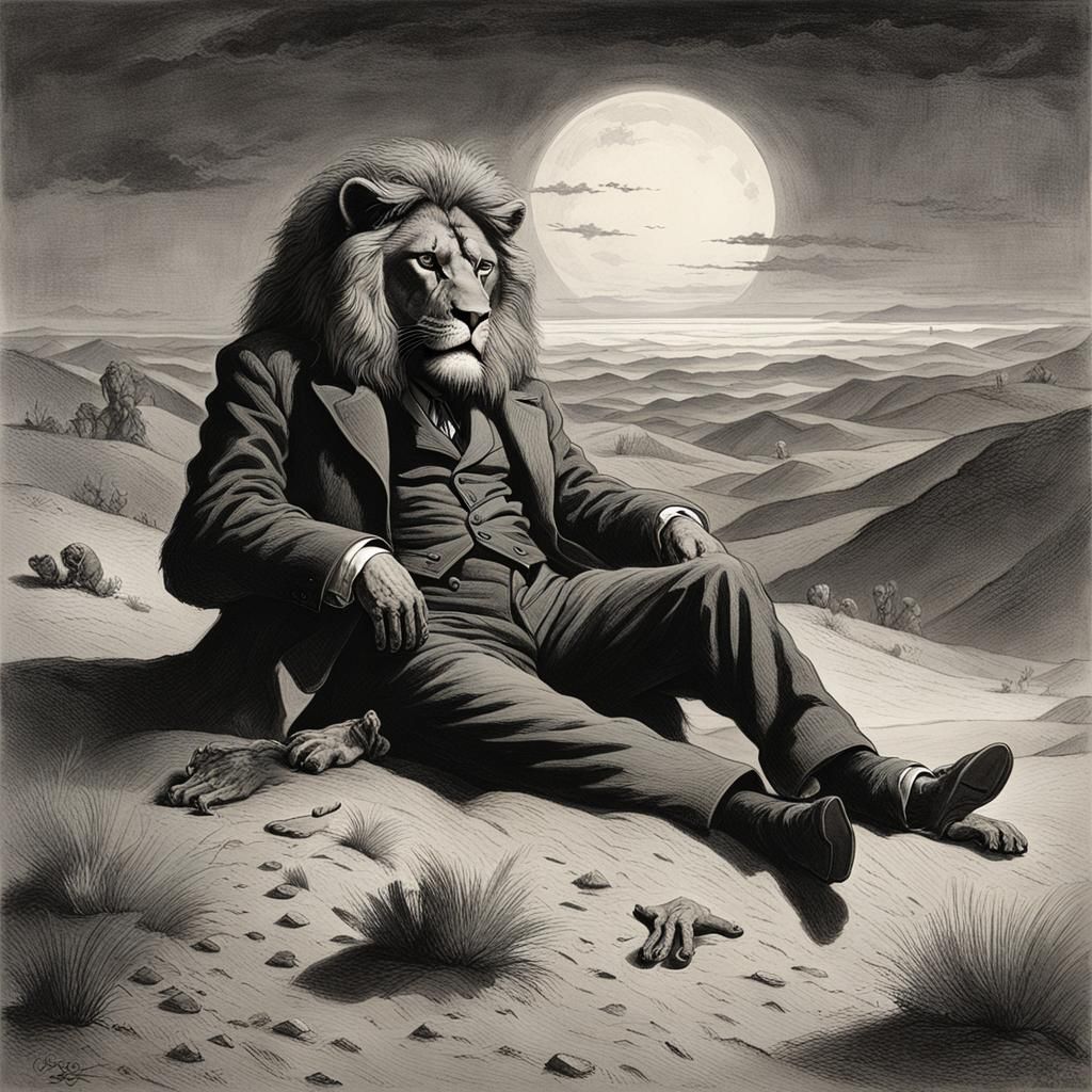 Mafia Lion Man Slumbering in Desert Horror