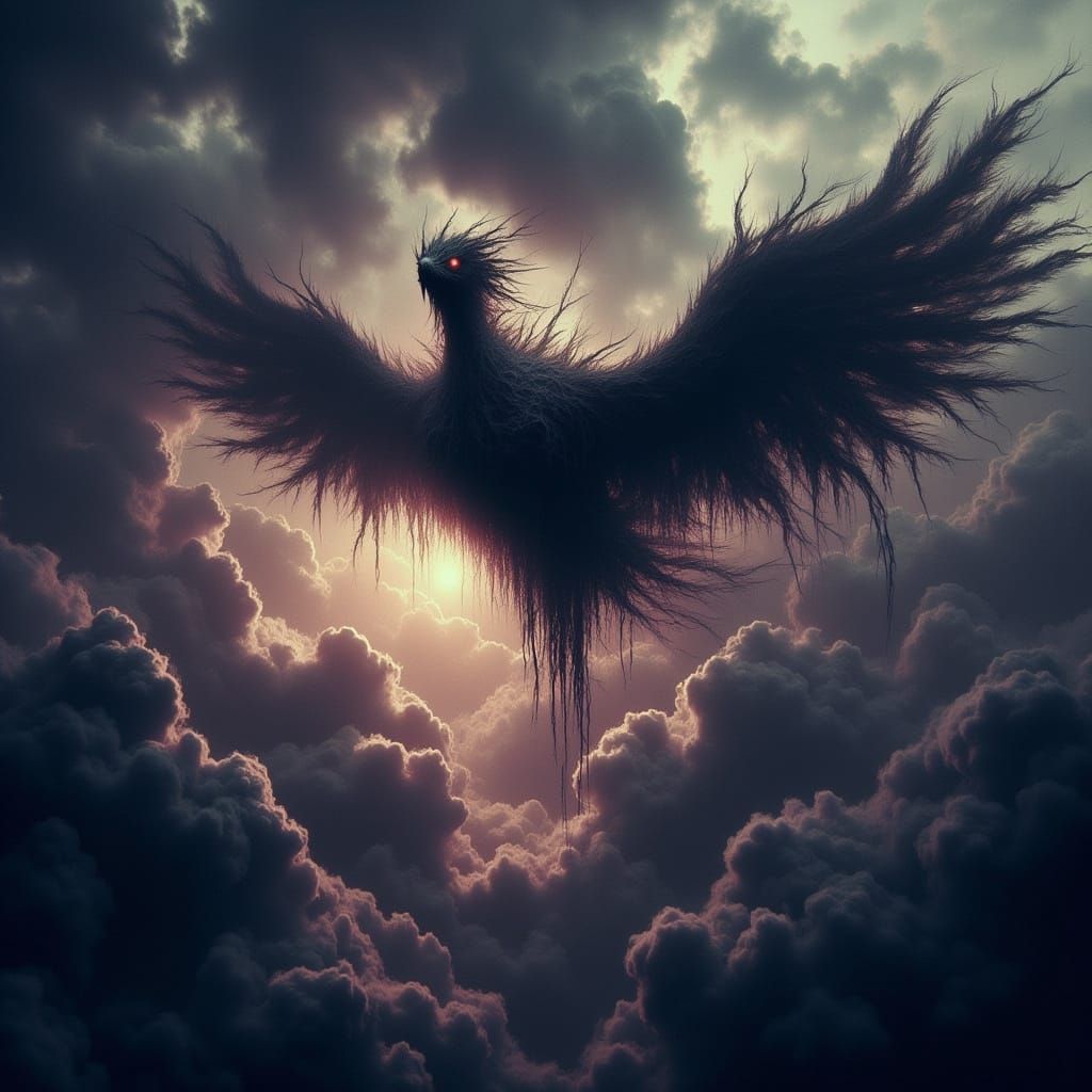 Ethereal Shadow Entity Soars Across Turbulent Skies