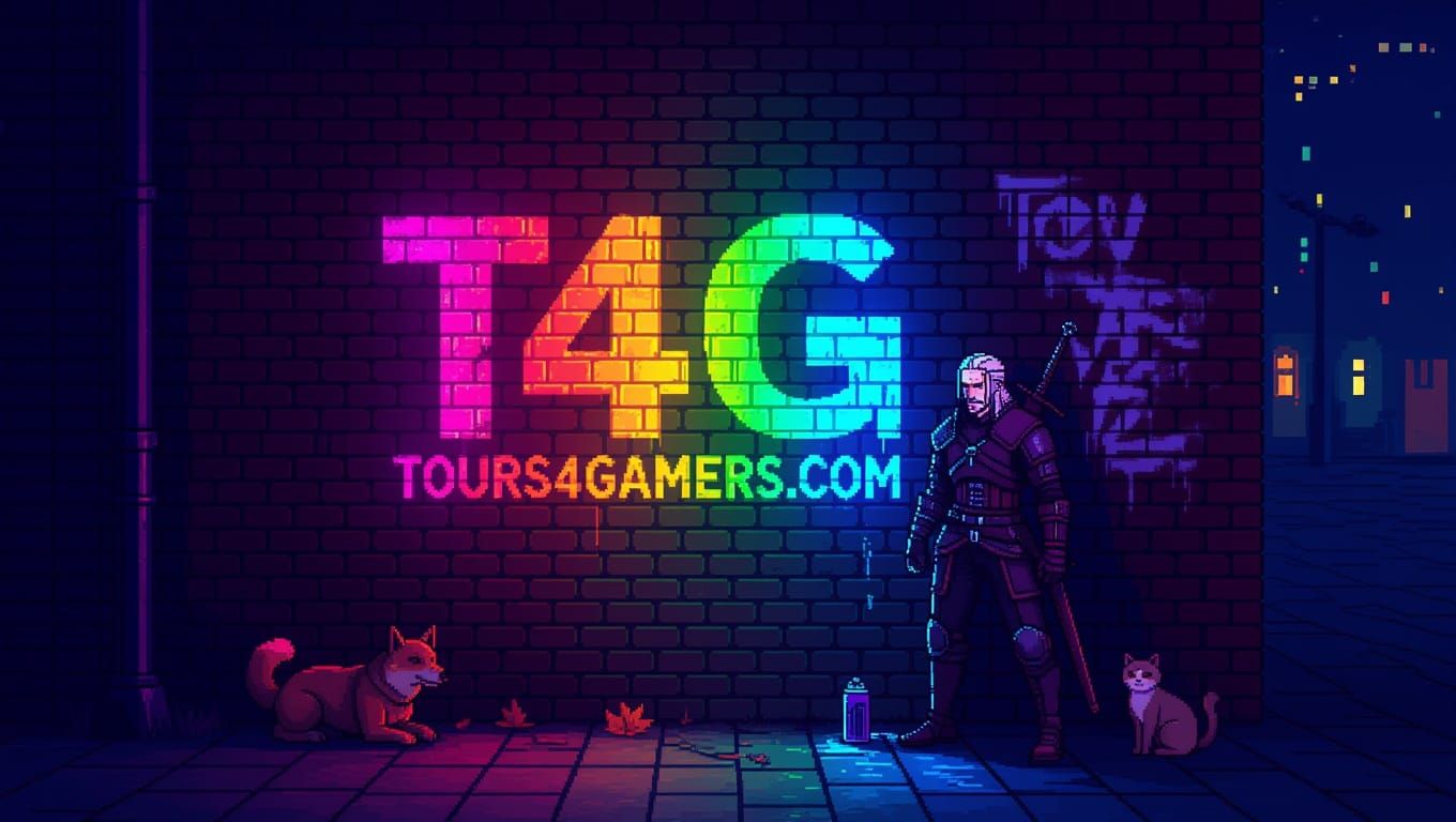 Vibrant Cyberpunk Pixel Art of T4G Logo on Krakow Wall