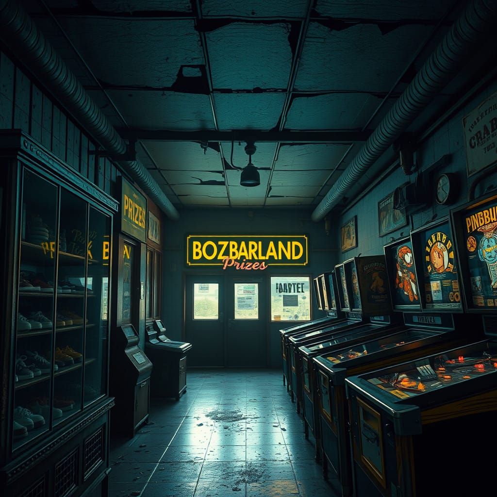 Abandoned Arcade with Worn Pinball Machines and Faded Prizes