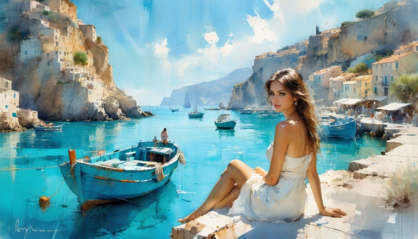 Woman by Mediterranean Harbor in Watercolor Style