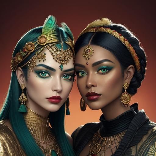 Luxuriant Portrait of Women with Peacock Feathers