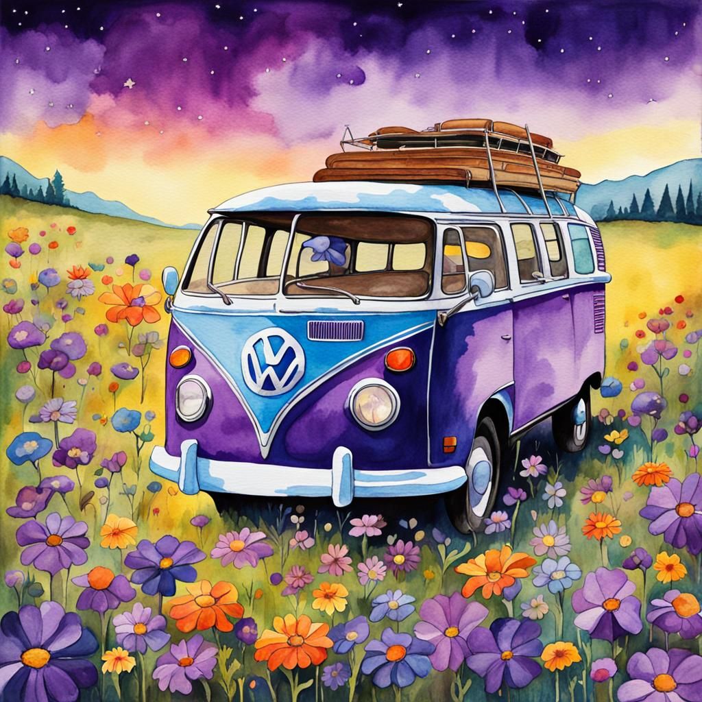 Vintage VW Bus in Purple Flower Meadow Watercolor