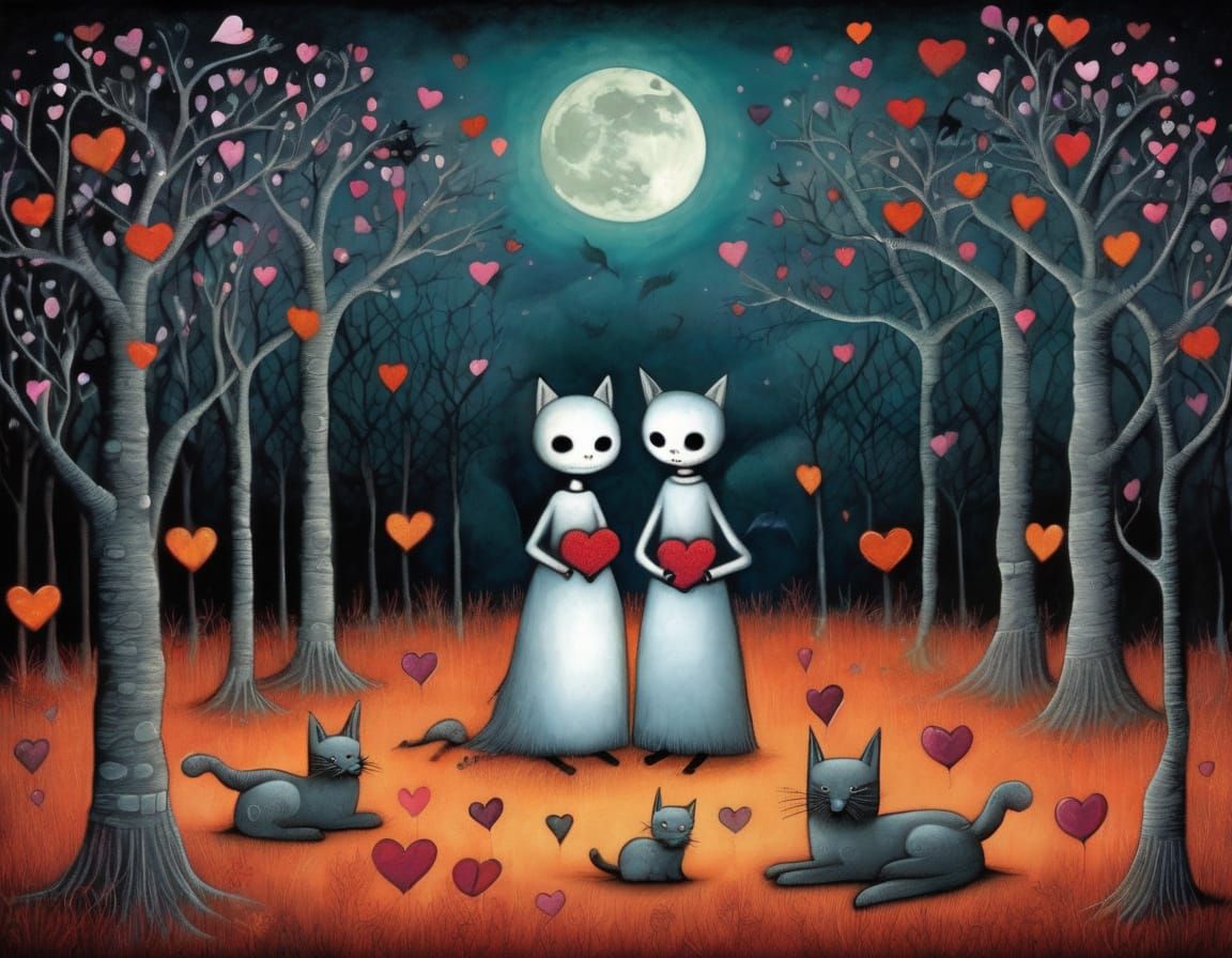 Adorable Spooky Valentine Scene with Gothic & Whimsical Elem...