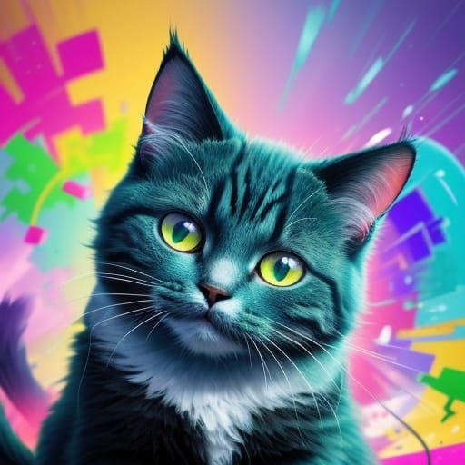 Fluffy Cat in Vibrant Digital Art Playing with Toys