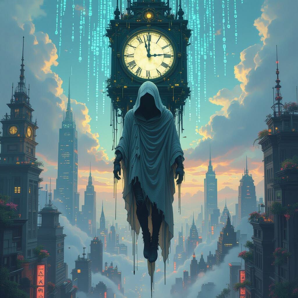 Icarus in Cyberpunk Dreamscape with Melting Wings