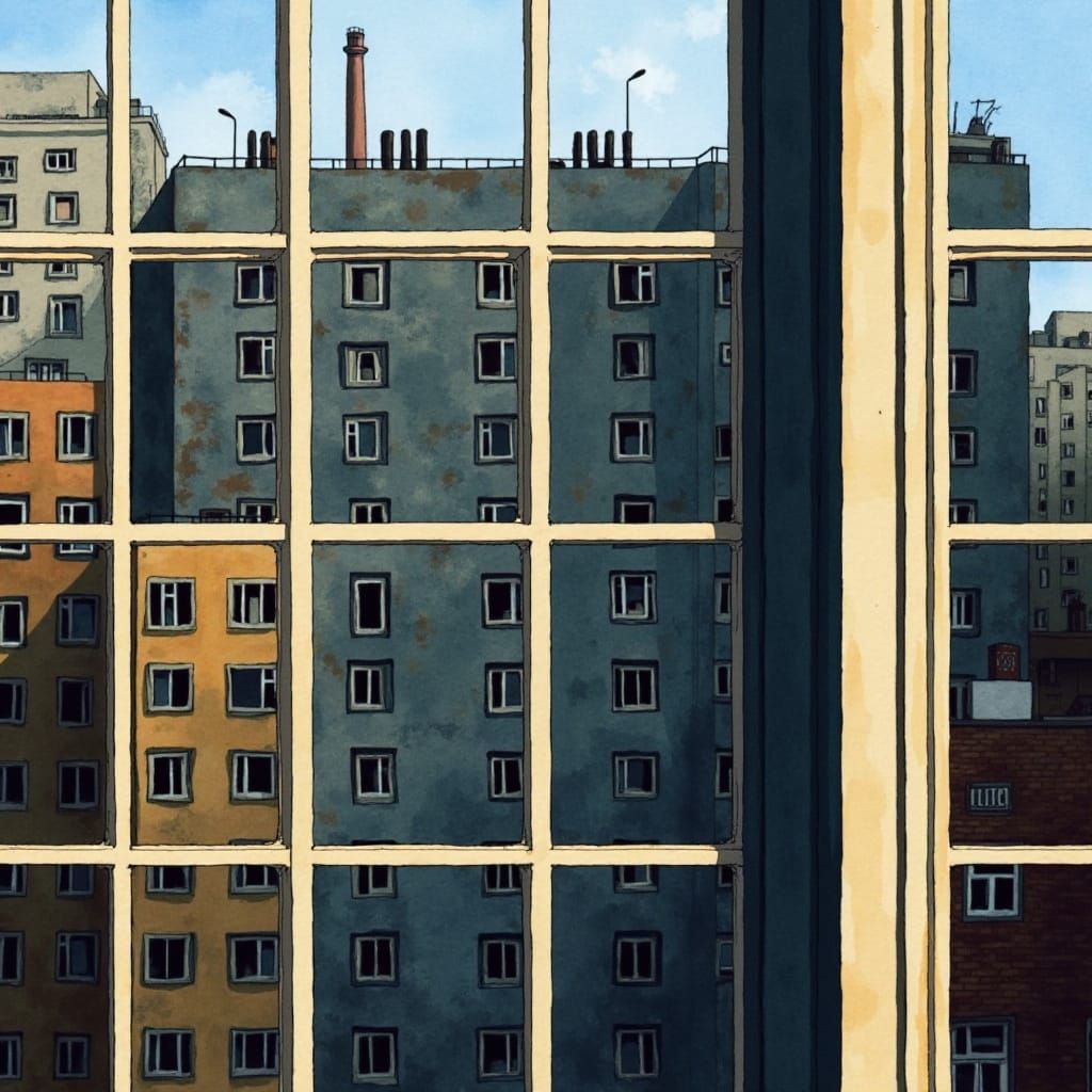 Brutalist Apartment View in Vibrant Watercolour