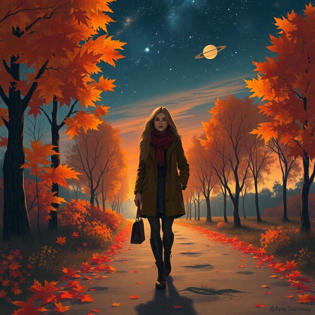 Woman Walks Through Autumn Sunset to Starry Night