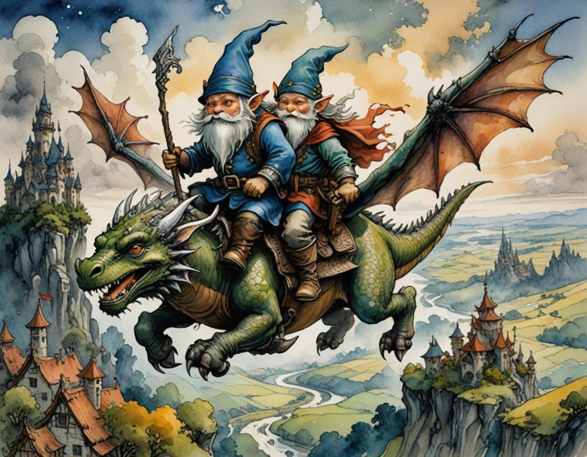 Gnomes Ride Majestic Flying Dragon in Whimsical Watercolor