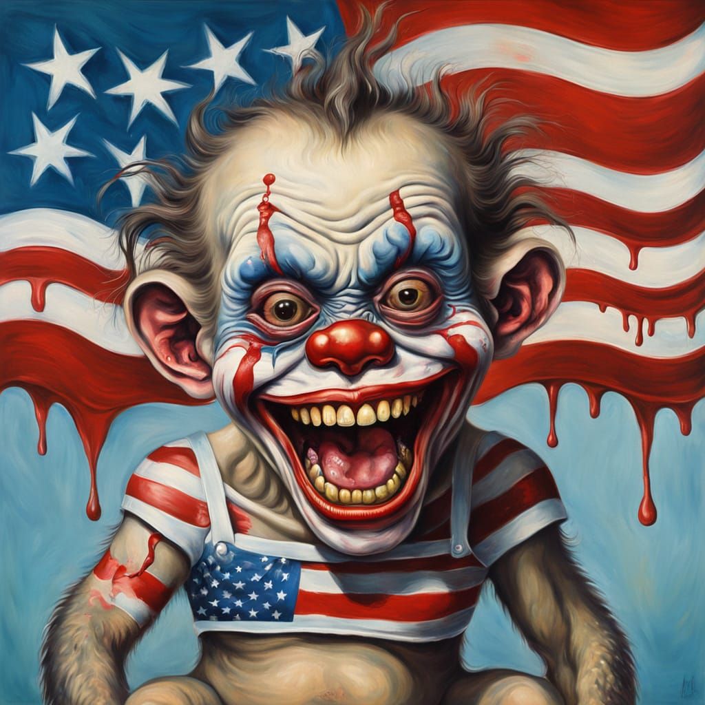 Surreal Zombie Monkey Clown Infant with American Flag Diaper