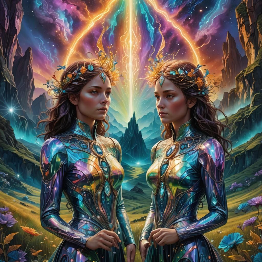 Gemini Twins in Holographic Surrealist Valley
