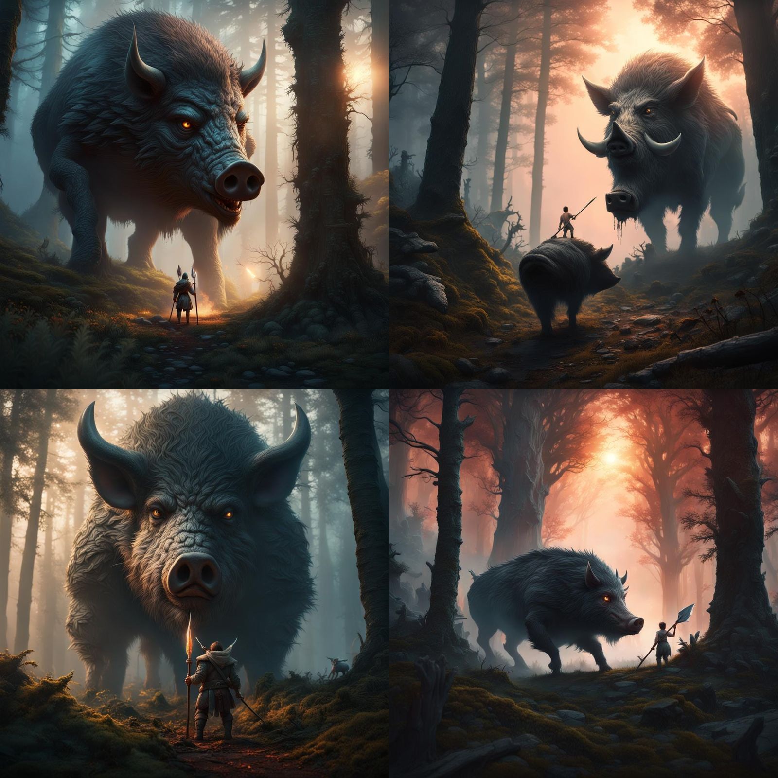 Giant Boar Creeps from Fog in Detailed Matte Painting