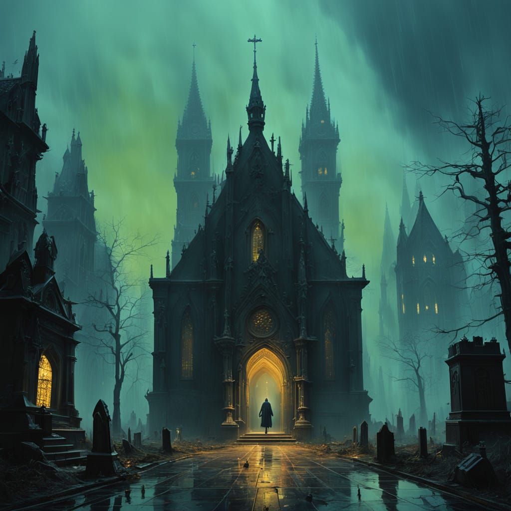 Mysterious, Cyberpunk-Style Cemetery Chapel at Night