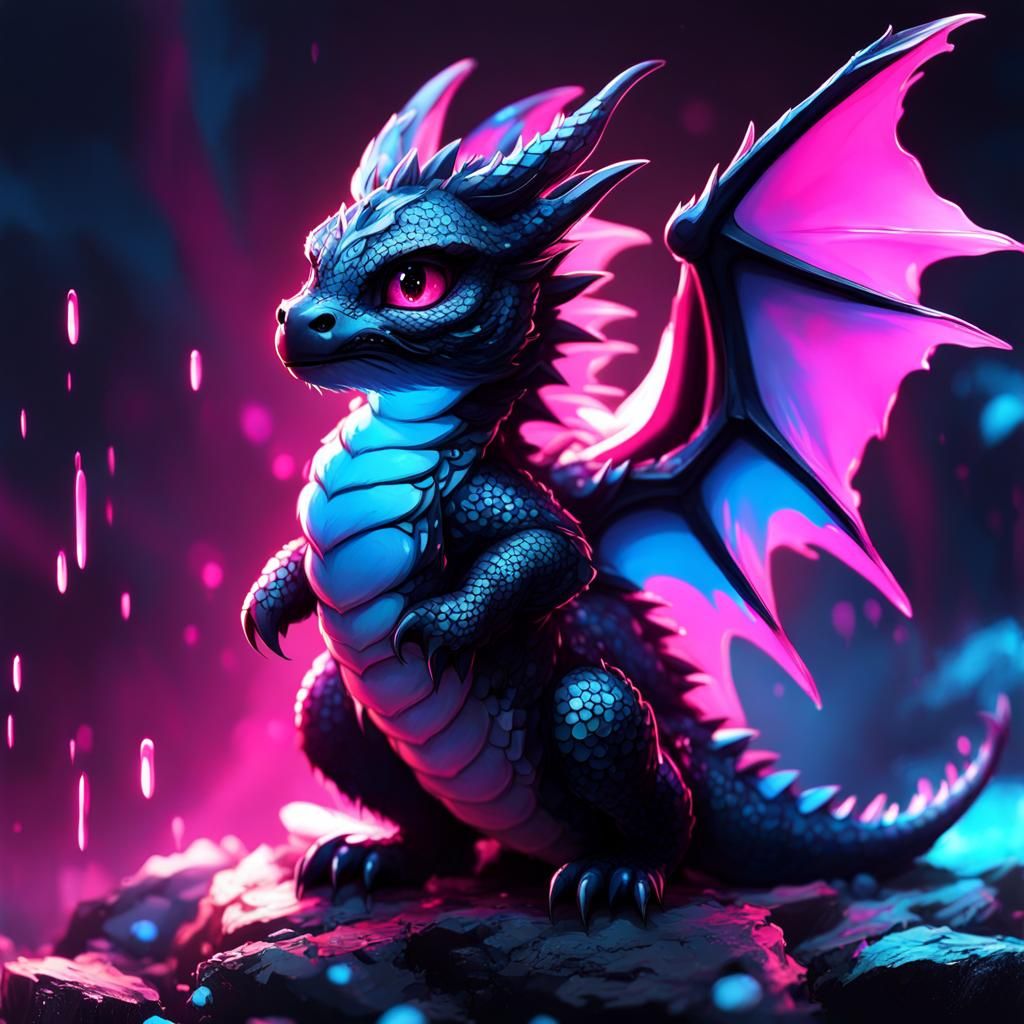 Neon Dragon Chibi Art: Black Light Theme