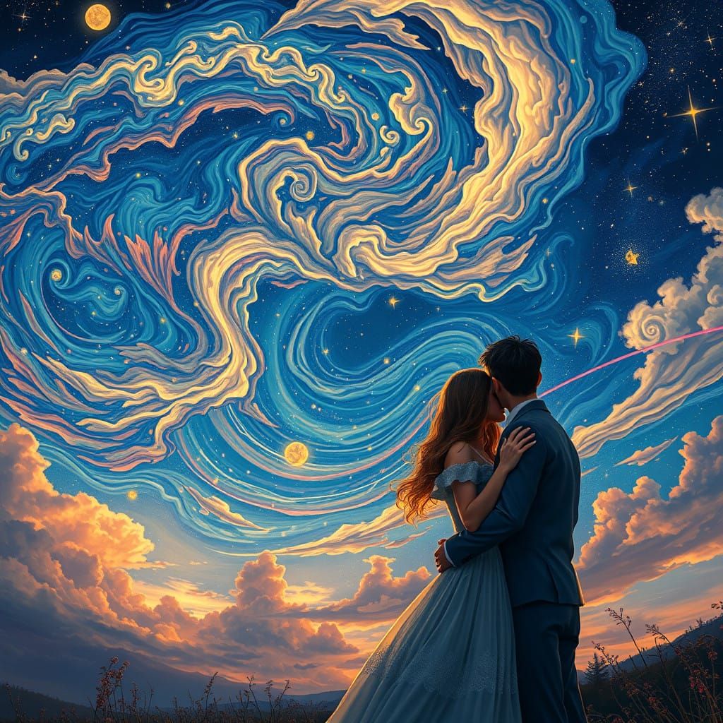 Whimsical Celestial Romance in Dreamy, Starry Night