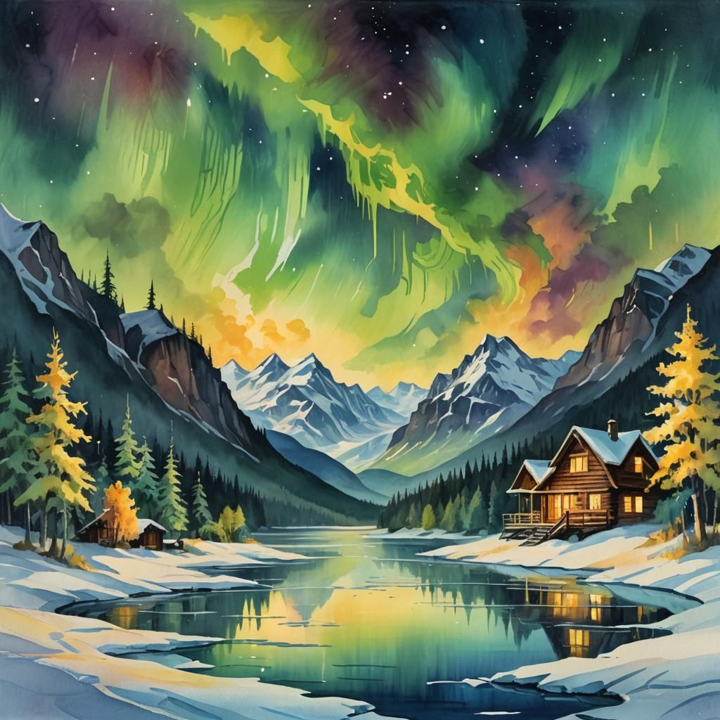 Aurora Lights Over Frozen Lake, in Gouache Style