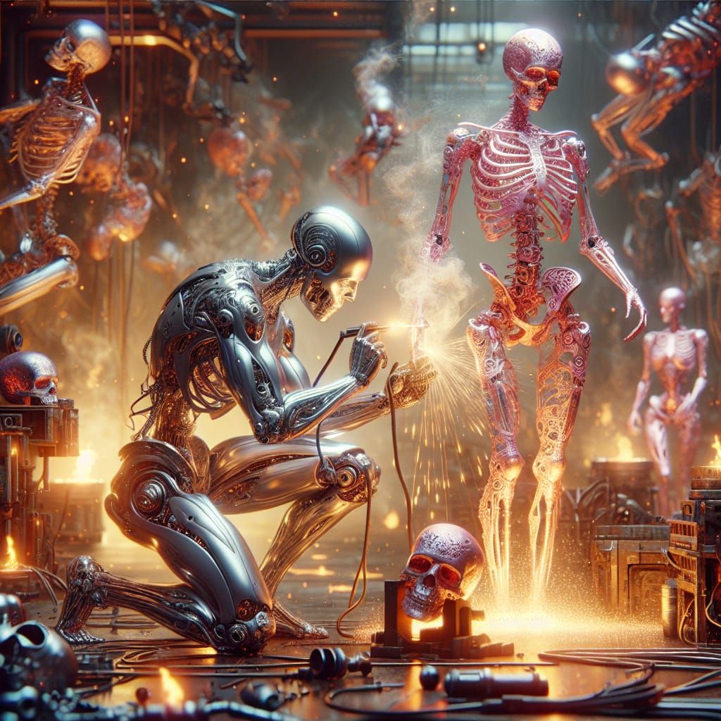 Chrome Skeleton Welder Working on Pink Lace Skeleton