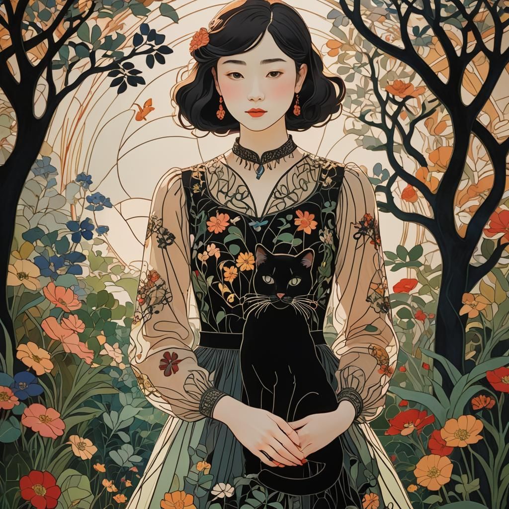 Elegant Lady with Black Cat in Art Nouveau Style