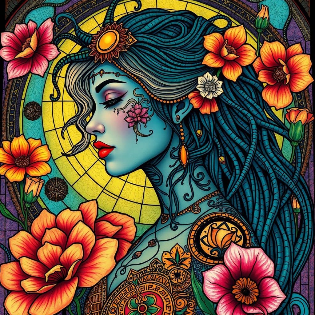 Lady in Vibrant Stained Glass Art Nouveau Gown with Circuitr...